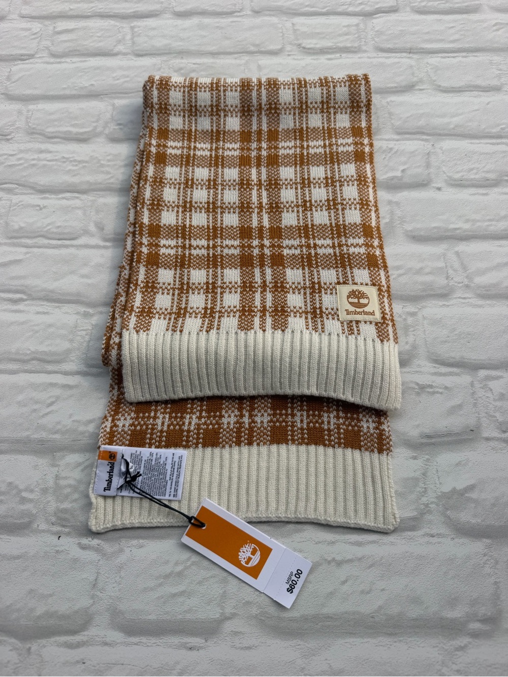 Timberland White & Caramel Plaid Knit Scarf 10” X 68” Buffalo Plaid NWT Unisex